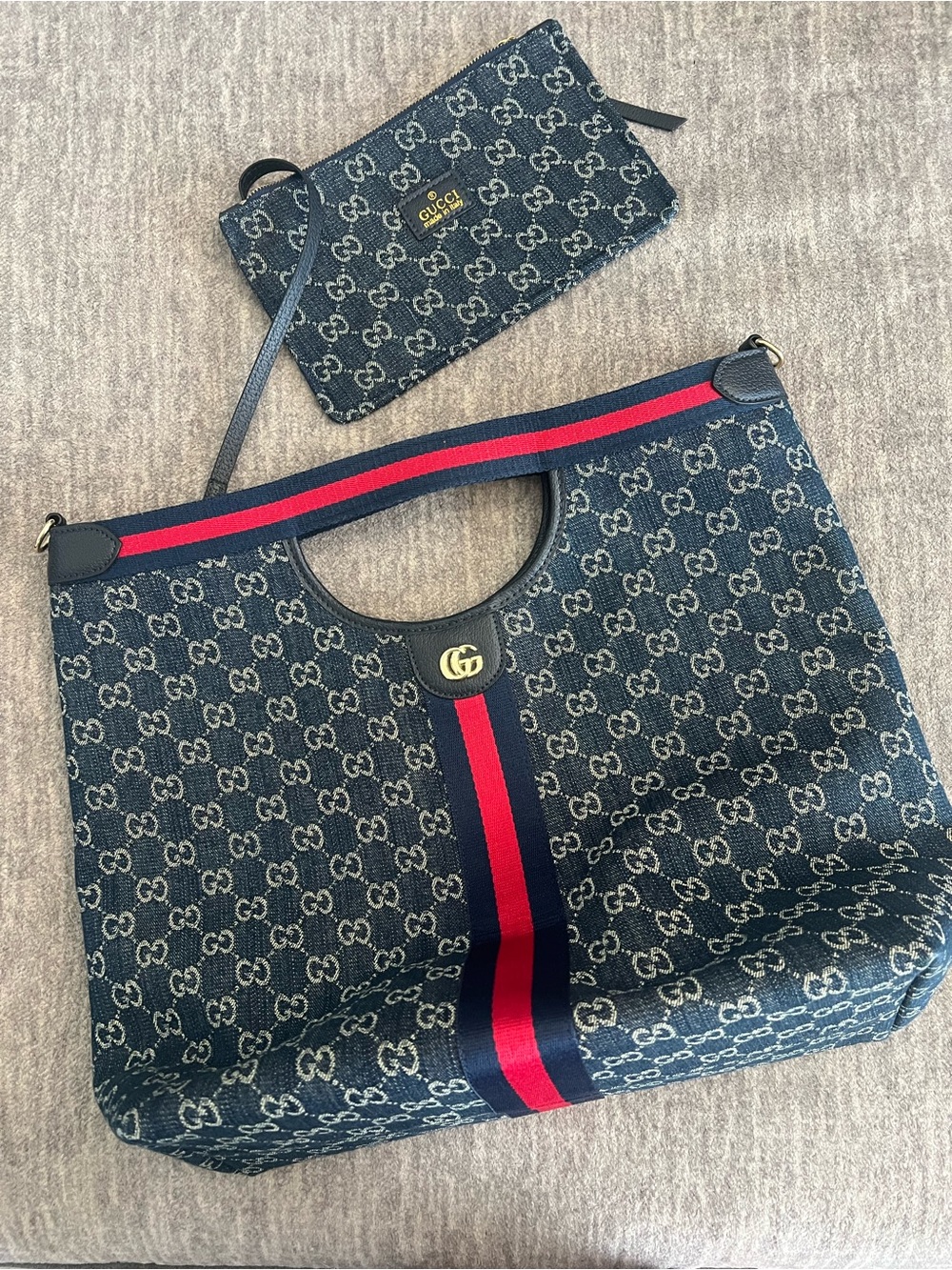 GG Blue Large Denim Tote with Red-Blue Web Stripe